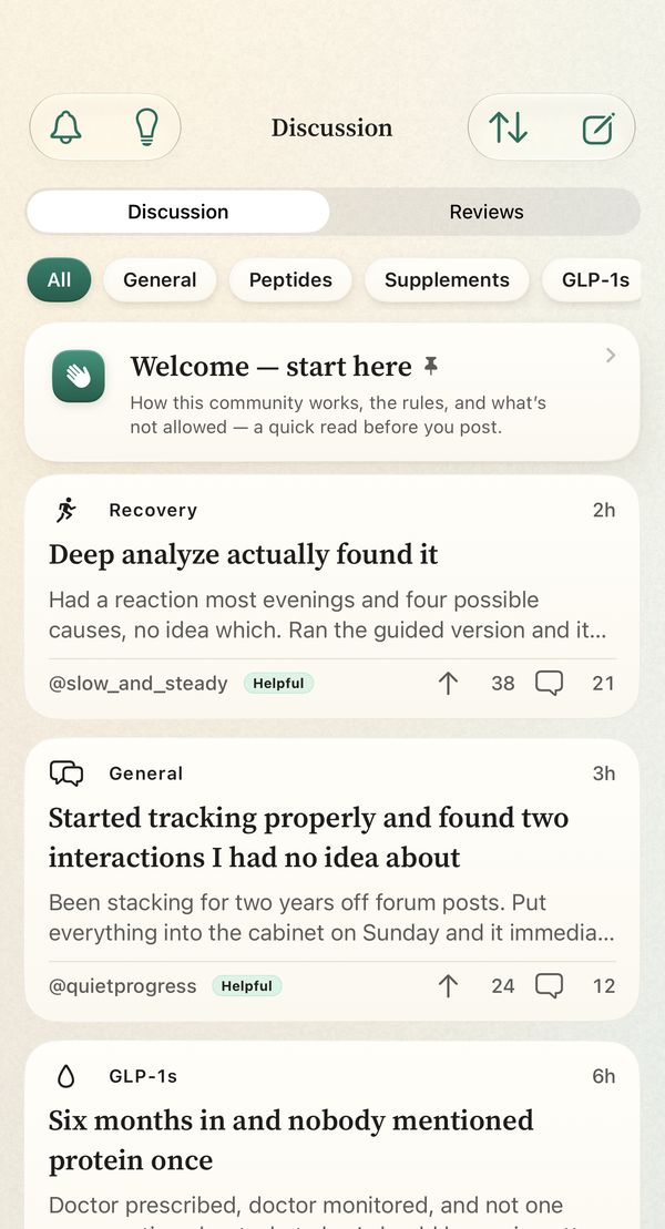 The community Discussion screen on iPhone, showing example posts.