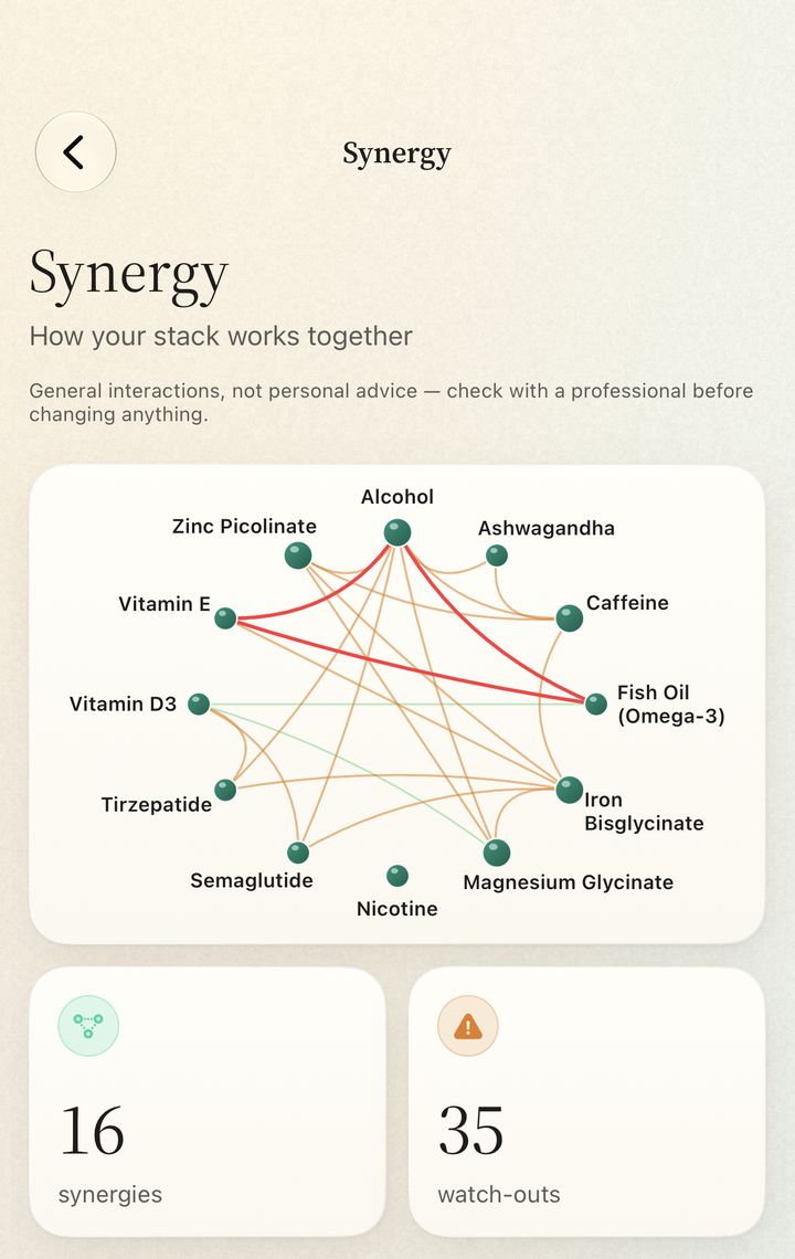 The Synergy screen on iPhone: a map of how the items in an example stack connect, with tiles counting synergies and watch-outs.