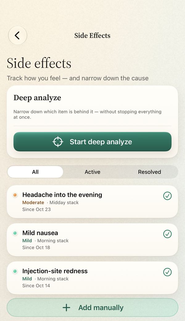 The Side effects screen on iPhone: a Deep analyze button above a list of logged side effects.